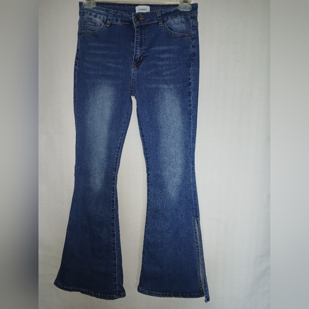 BAMBOO Blue Skinny Jeans Dynamic Stretch Denim Boot Cut Slit.